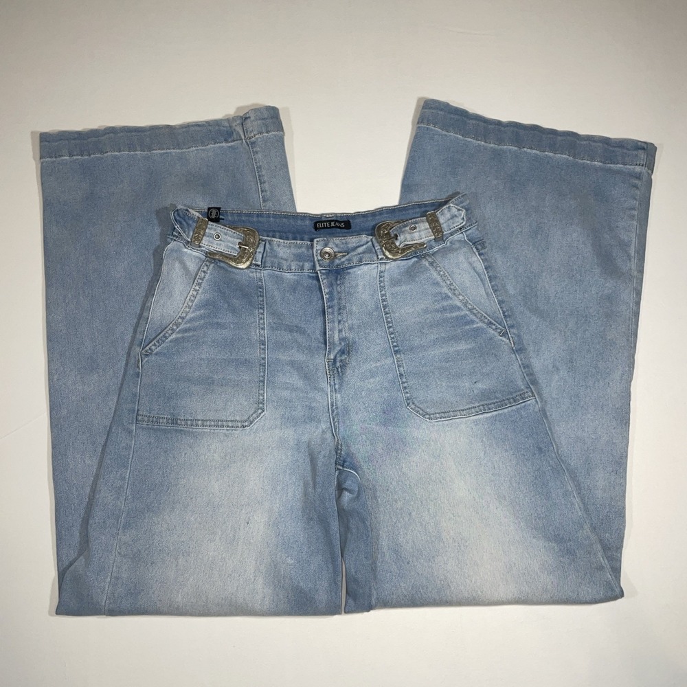 Elite Jeans Light Wash Wide Leg Buckle Detail Size 11 - Picture 4 of 7